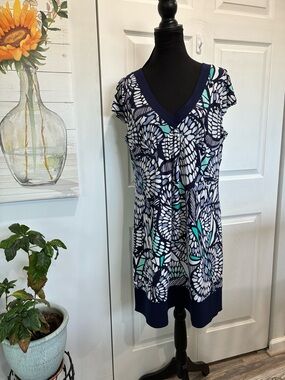 Laundry by Design Navy, White & Teal Floral V-Neck Midi Dress